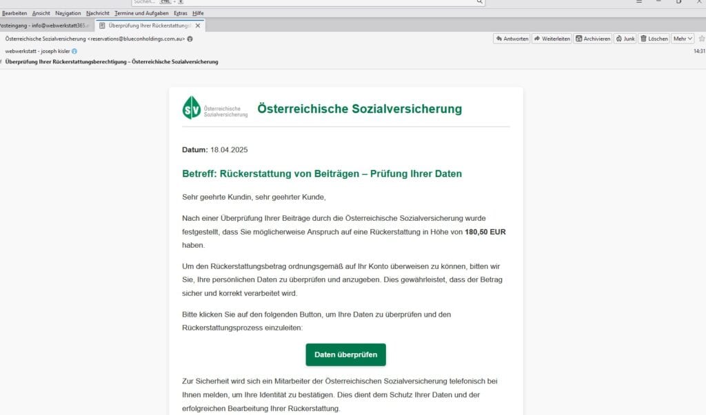 Vorsicht vor Spam E-Mails von der Österreichischen Sozialversicherung! 1 junk email sozialversicherung rueckerstattung 04 2025